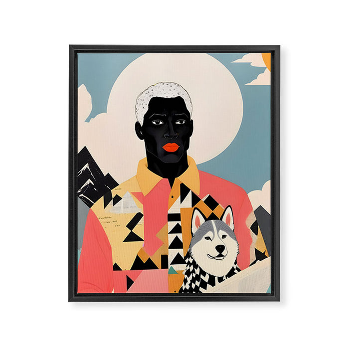 Winter Companion, Dog Pet Black Man Collage, Frosty Snow Mountain Travel Adventure, Eclectic Texture Concept Contemporary Modern Graphic Design Framed Canvas Print Gallery Image 1