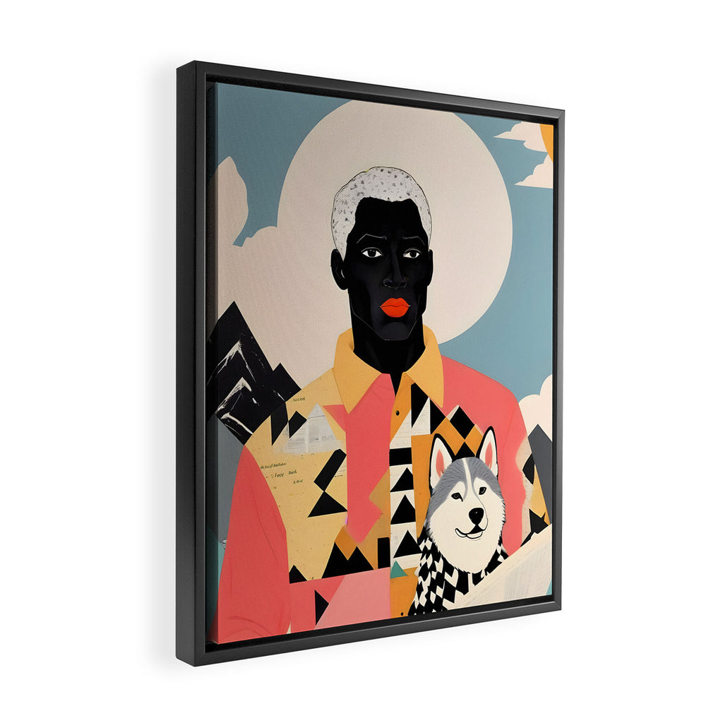 Winter Companion, Dog Pet Black Man Collage, Frosty Snow Mountain Travel Adventure, Eclectic Texture Concept Contemporary Modern Graphic Design Framed Canvas Print Gallery Image 2