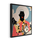 Winter Companion, Dog Pet Black Man Collage, Frosty Snow Mountain Travel Adventure, Eclectic Texture Concept Contemporary Modern Graphic Design Framed Canvas Print Gallery Image 2