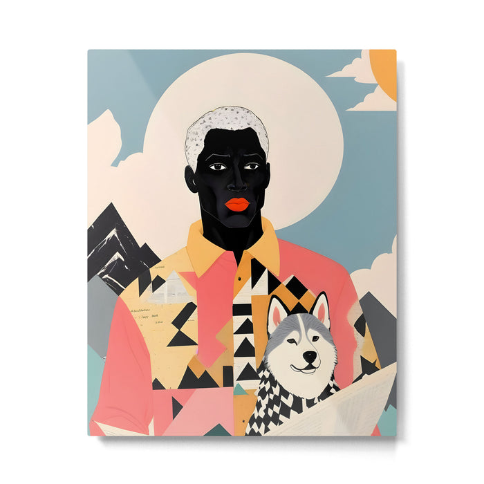 Winter Companion, Dog Pet Black Man Collage, Frosty Snow Mountain Travel Adventure, Eclectic Texture Concept Contemporary Modern Graphic Design Metal Print Gallery Image 1