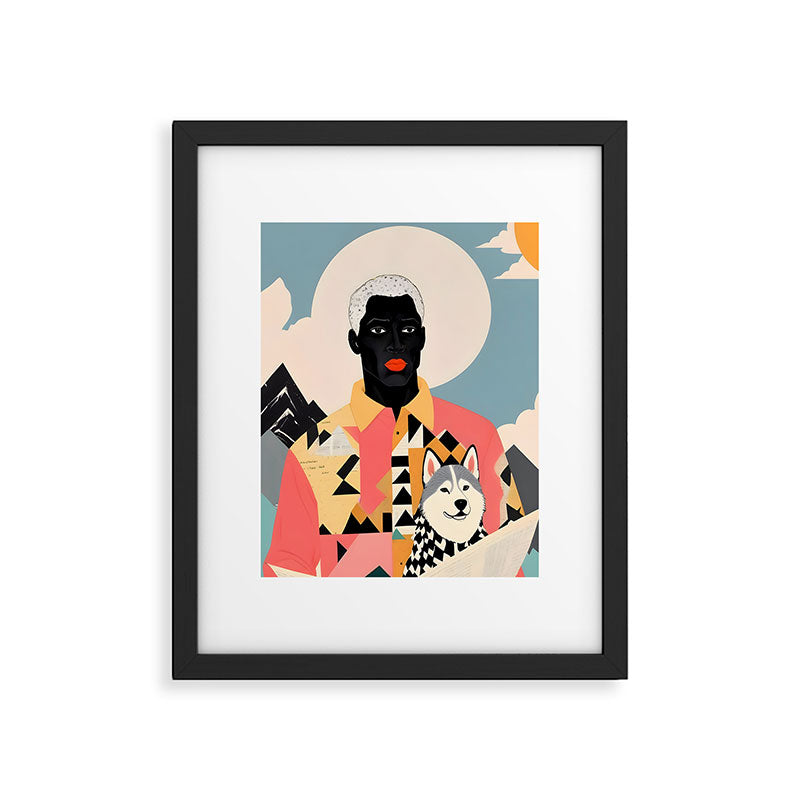 Winter Companion, Dog Pet Black Man Collage, Frosty Snow Mountain Travel Adventure, Eclectic Texture Concept Contemporary Modern Graphic Design Framed Art Print Gallery Image 5