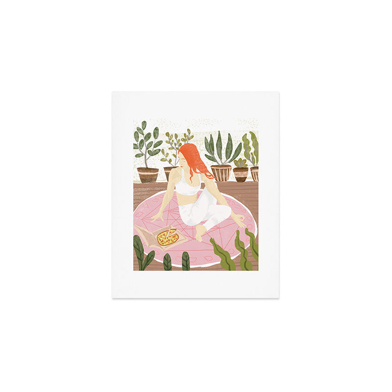 Yoga + Pizza, Red Head Woman Work Out Stay At Home, Ginger Plant Lady Home Decor Food Illustration Art Print Gallery Image 1
