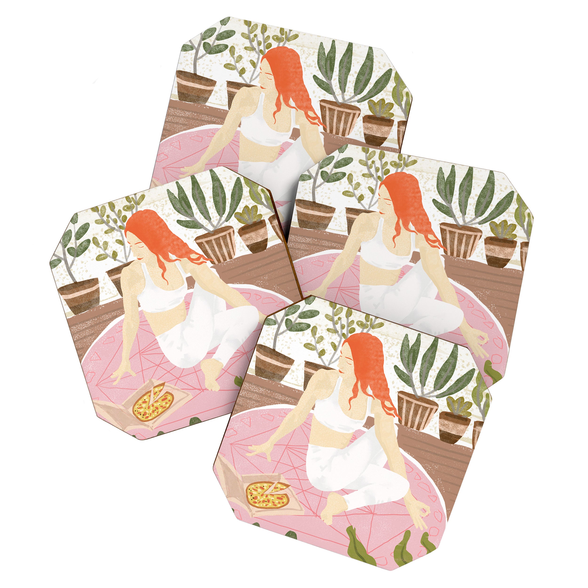 Yoga + Pizza, Red Head Woman Work Out Stay At Home, Ginger Plant Lady Home Decor Food Illustration Coaster Gallery Image 1