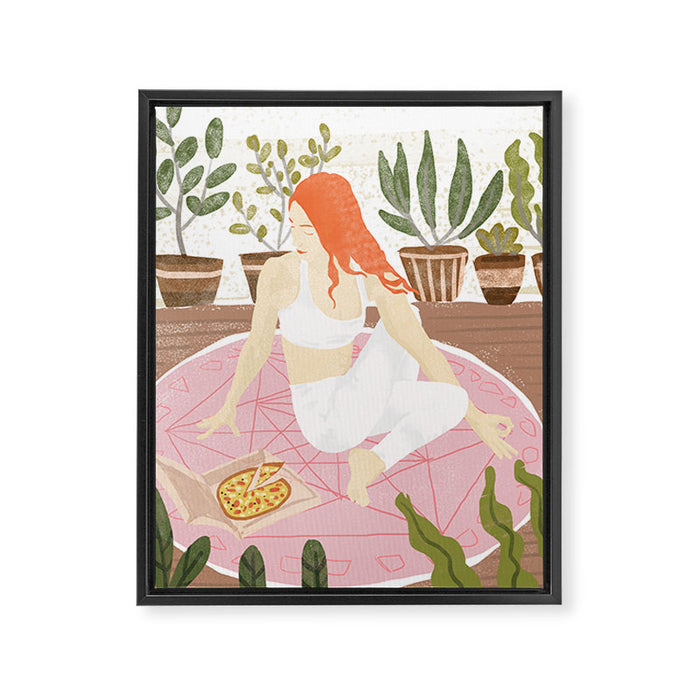 Yoga + Pizza, Red Head Woman Work Out Stay At Home, Ginger Plant Lady Home Decor Food Illustration Framed Canvas Print Gallery Image 1