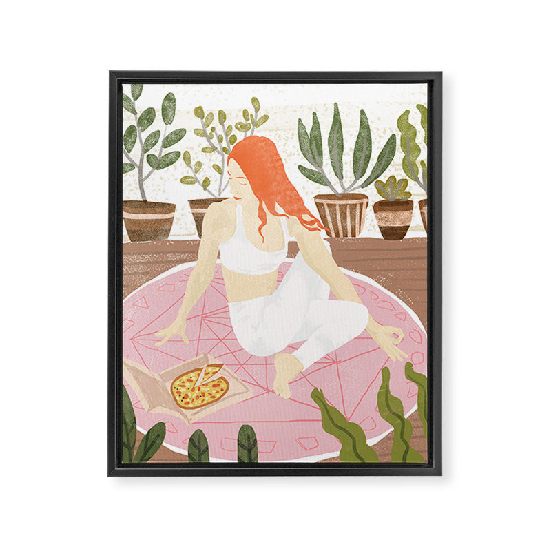 Yoga + Pizza, Red Head Woman Work Out Stay At Home, Ginger Plant Lady Home Decor Food Illustration Framed Canvas Print Gallery Image 6