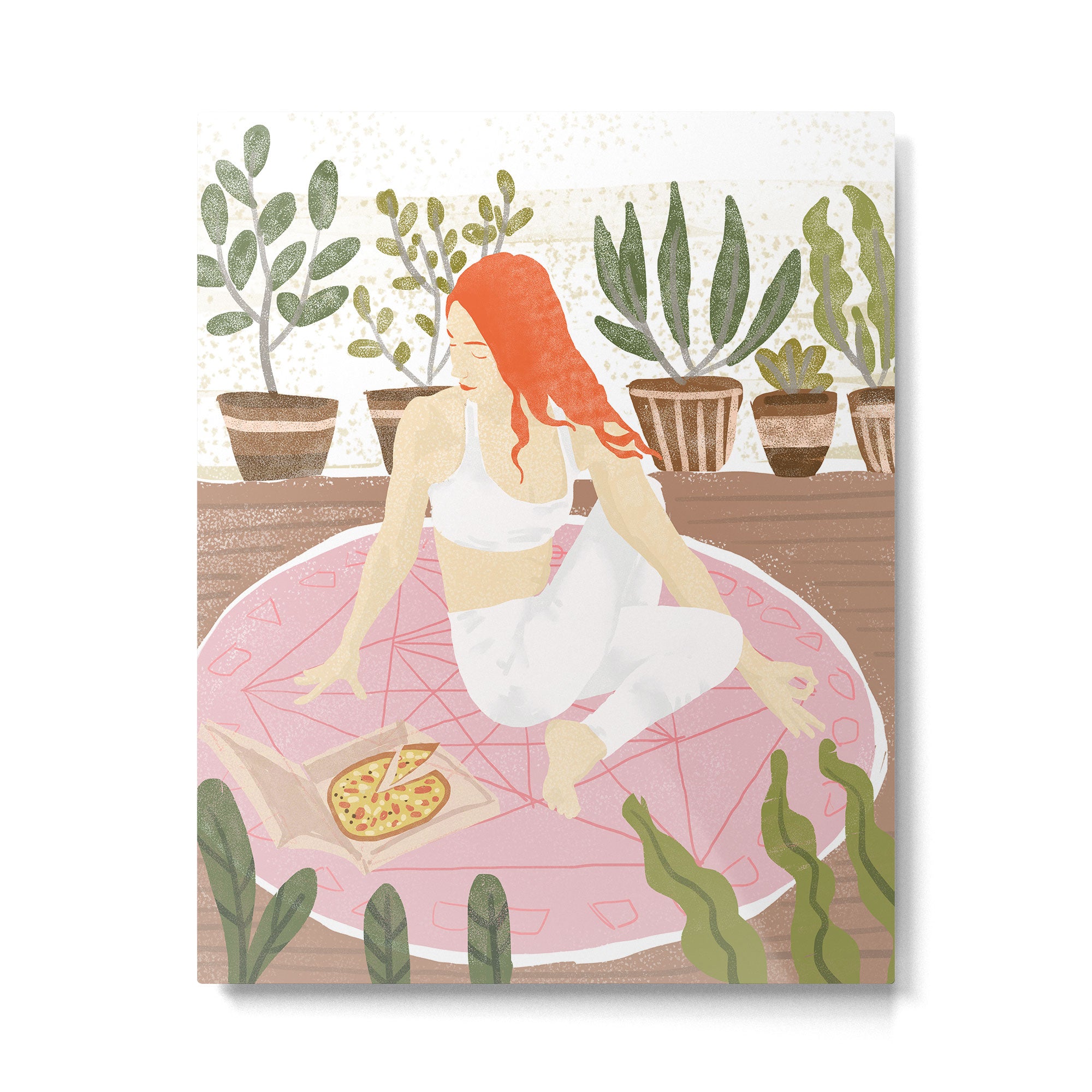 Yoga + Pizza, Red Head Woman Work Out Stay At Home, Ginger Plant Lady Home Decor Food Illustration Metal Print Gallery Image 4