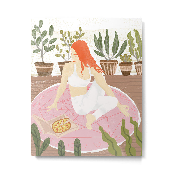 Yoga + Pizza, Red Head Woman Work Out Stay At Home, Ginger Plant Lady Home Decor Food Illustration Metal Print Gallery Image 1