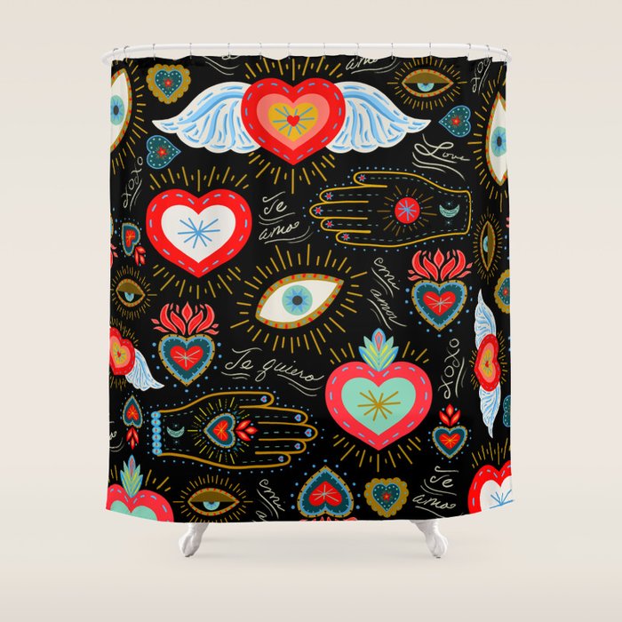 Milagro Love Hearts - Black Shower Curtain Gallery Image 1