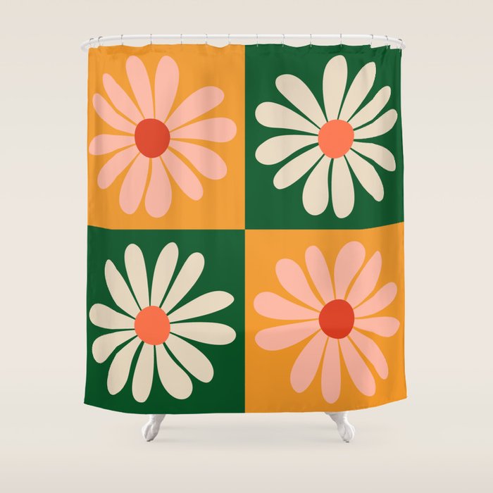 Retro Colorful Daisy Flower Checkerboard - Peach + Green Shower Curtain Gallery Image 1