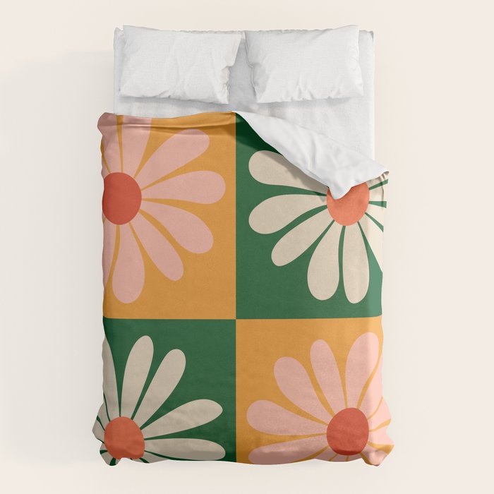 Retro Colorful Daisy Flower Checkerboard - Peach + Green Duvet Cover Gallery Image 6