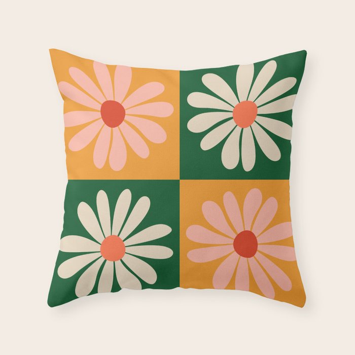 Retro Colorful Daisy Flower Checkerboard - Peach + Green Throw Pillow Gallery Image 1