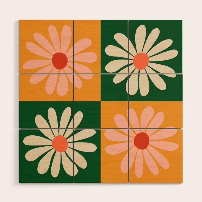 Retro Colorful Daisy Flower Checkerboard - Peach + Green Wood Wall Art Gallery Image 1