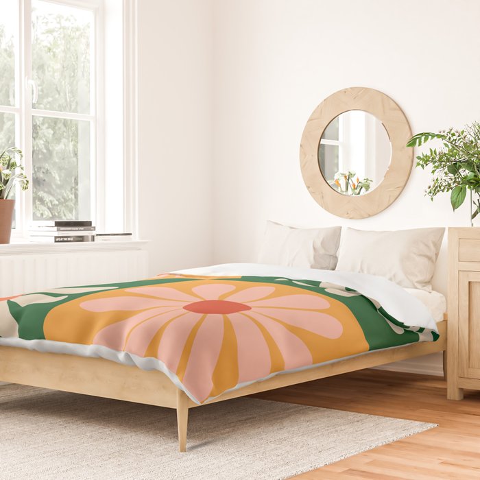 Retro Colorful Daisy Flower Checkerboard - Peach + Green Duvet Cover Gallery Image 2