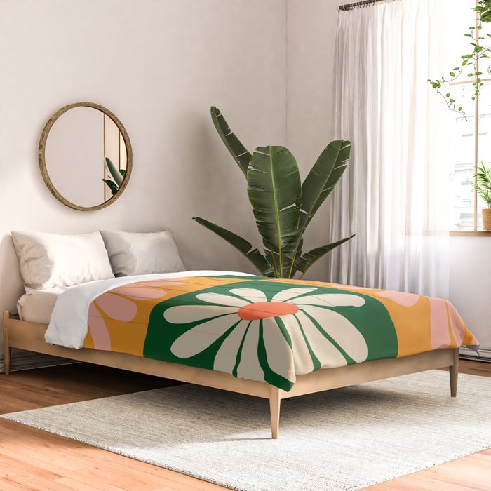 Retro Colorful Daisy Flower Checkerboard - Peach + Green Comforter Gallery Image 2