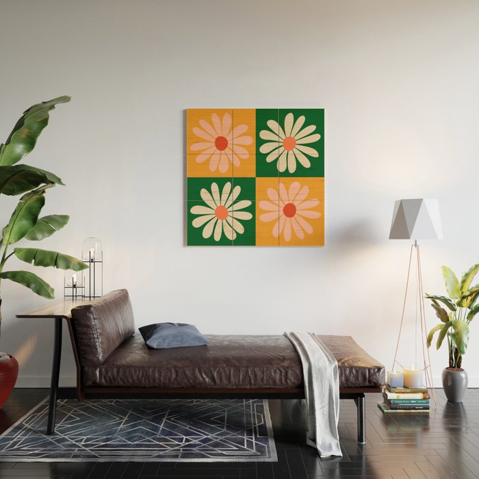 Retro Colorful Daisy Flower Checkerboard - Peach + Green Wood Wall Art Gallery Image 2