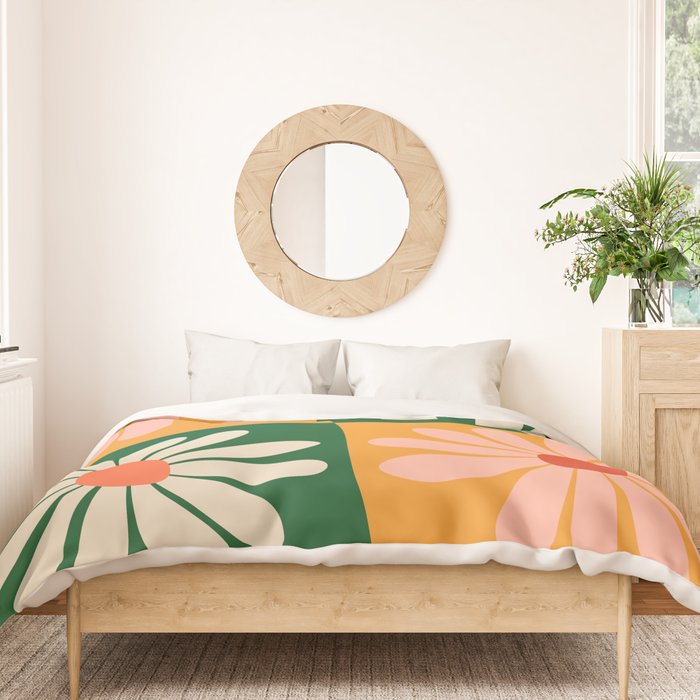 Retro Colorful Daisy Flower Checkerboard - Peach + Green Duvet Cover Gallery Image 3