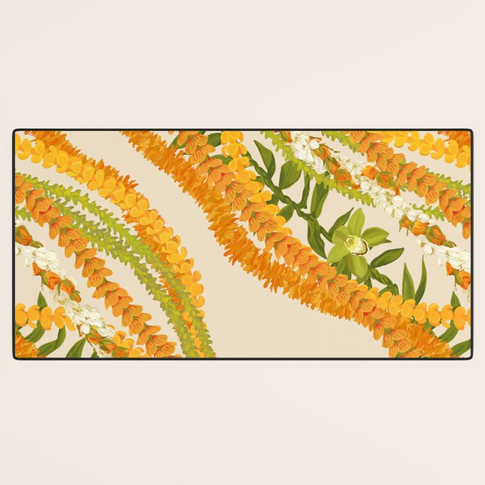 Diagonal Lei Pikake Orange Lokelani Pakalana Puakenikeni tileaf on beige Desk Mat Gallery Image 3