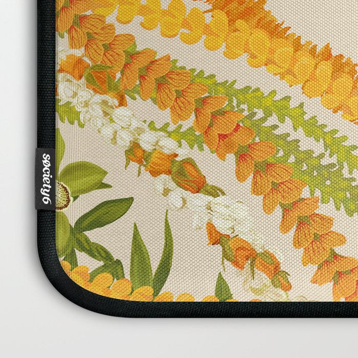 Diagonal Lei Pikake Orange Lokelani Pakalana Puakenikeni tileaf on beige Laptop Sleeve Gallery Image 3