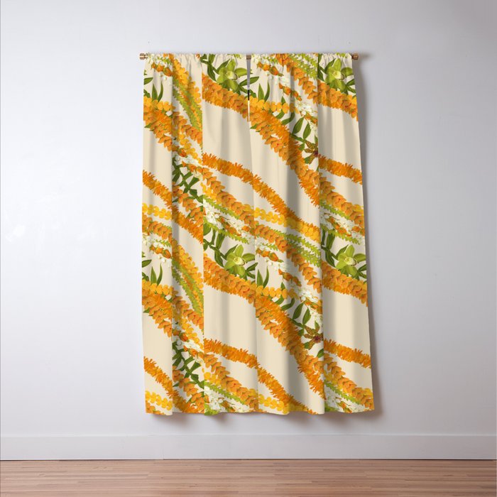 Diagonal Lei Pikake Orange Lokelani Pakalana Puakenikeni tileaf on beige Window Curtain Gallery Image 3