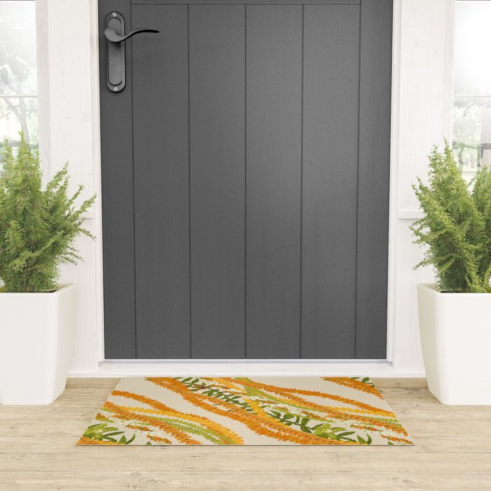 Diagonal Lei Pikake Orange Lokelani Pakalana Puakenikeni tileaf on beige Welcome Mat Gallery Image 3