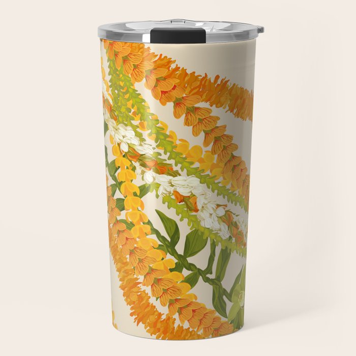 Diagonal Lei Pikake Orange Lokelani Pakalana Puakenikeni tileaf on beige Travel Mug Gallery Image 1