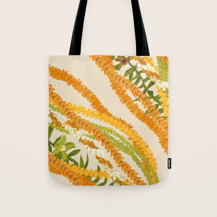 Diagonal Lei Pikake Orange Lokelani Pakalana Puakenikeni tileaf on beige Tote Bag Gallery Image 1