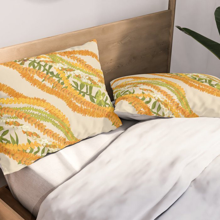 Diagonal Lei Pikake Orange Lokelani Pakalana Puakenikeni tileaf on beige Pillow Sham Gallery Image 2