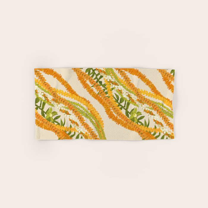 Diagonal Lei Pikake Orange Lokelani Pakalana Puakenikeni tileaf on beige Bath Towel Gallery Image 1