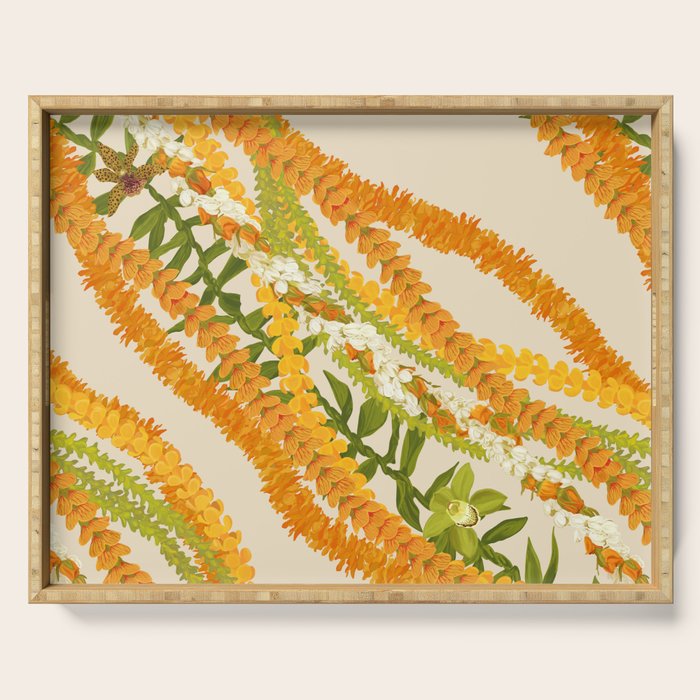 Diagonal Lei Pikake Orange Lokelani Pakalana Puakenikeni tileaf on beige Serving Tray Gallery Image 1