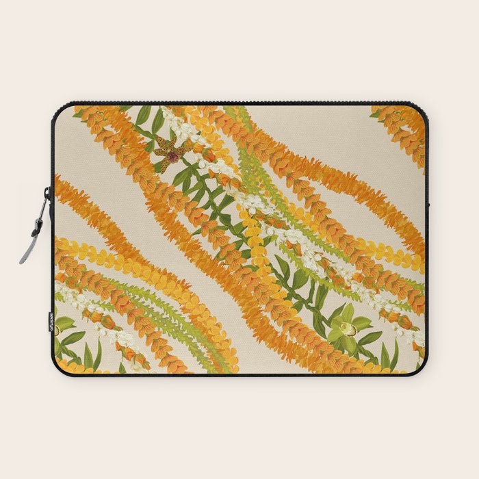 Diagonal Lei Pikake Orange Lokelani Pakalana Puakenikeni tileaf on beige Laptop Sleeve Gallery Image 1