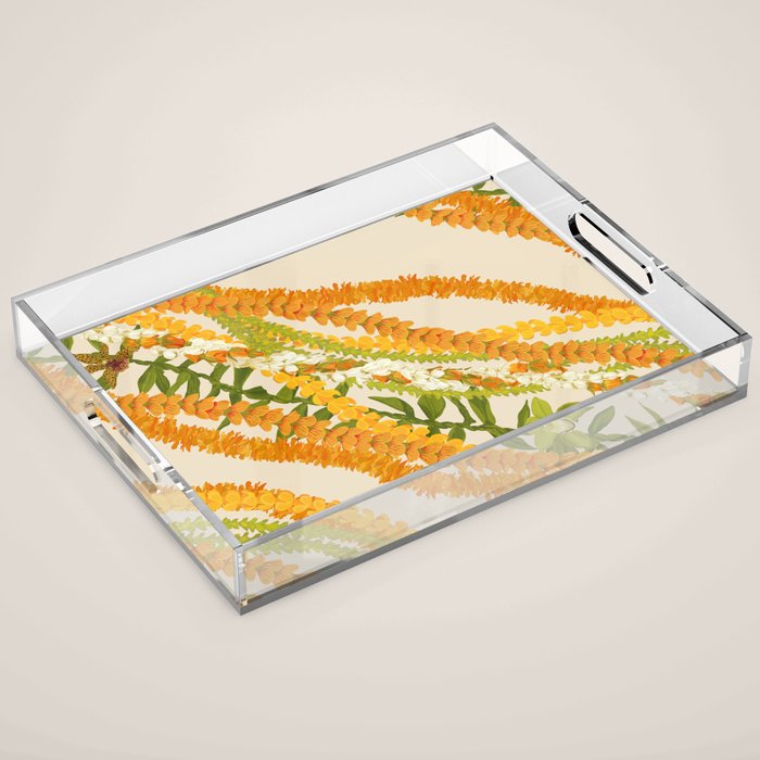 Diagonal Lei Pikake Orange Lokelani Pakalana Puakenikeni tileaf on beige Acrylic Tray Gallery Image 1
