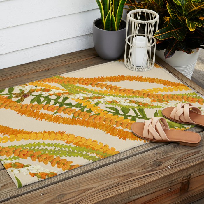 Diagonal Lei Pikake Orange Lokelani Pakalana Puakenikeni tileaf on beige Outdoor Rug Gallery Image 2