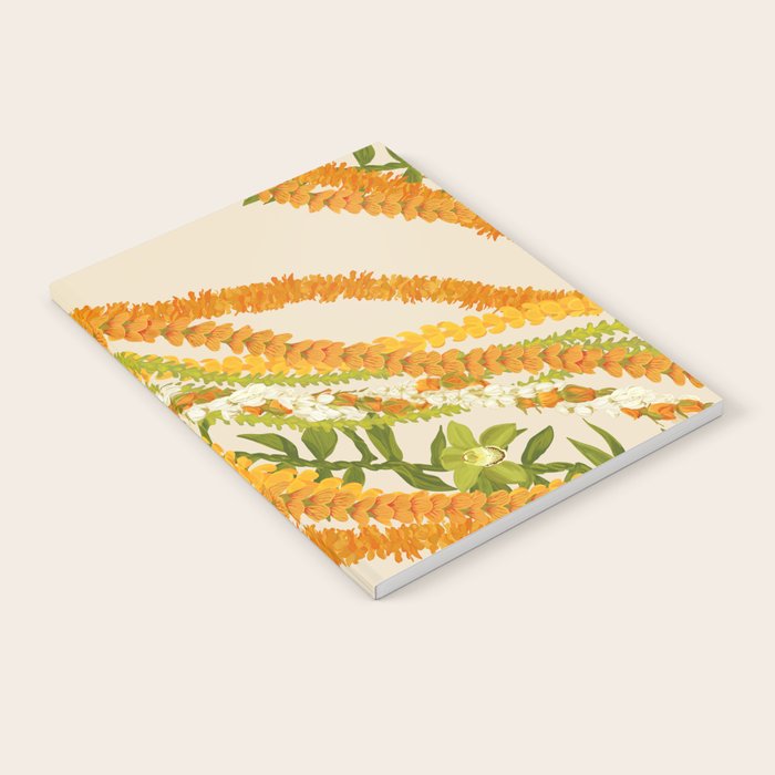 Diagonal Lei Pikake Orange Lokelani Pakalana Puakenikeni tileaf on beige Notebook Gallery Image 1