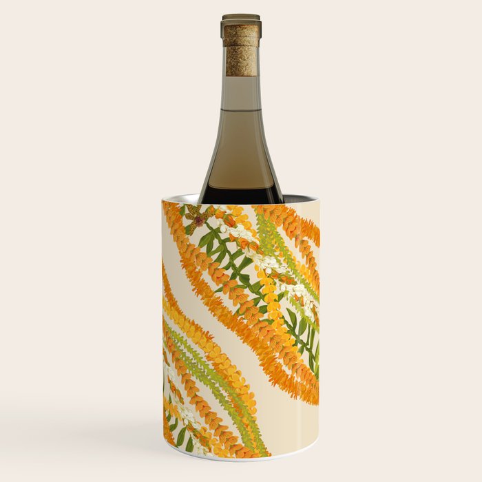Diagonal Lei Pikake Orange Lokelani Pakalana Puakenikeni tileaf on beige Wine Chiller Gallery Image 1