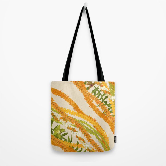 Diagonal Lei Pikake Orange Lokelani Pakalana Puakenikeni tileaf on beige Tote Bag Gallery Image 2