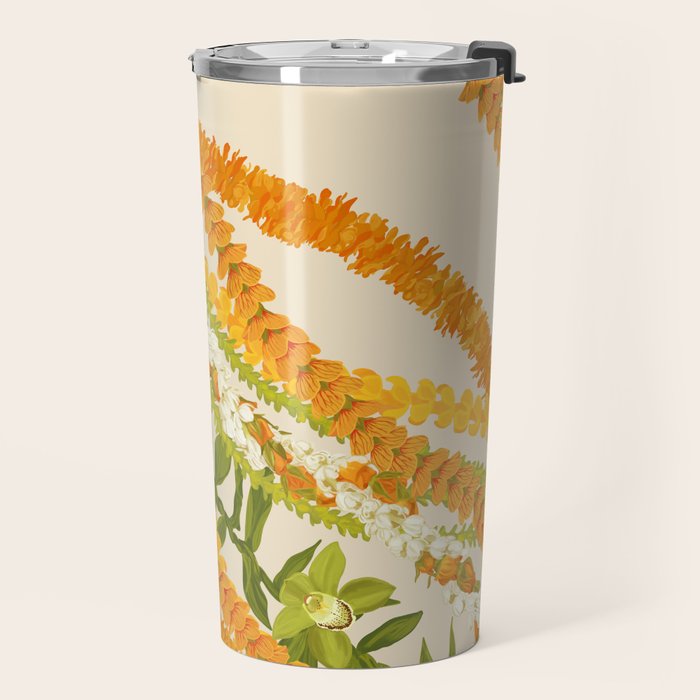 Diagonal Lei Pikake Orange Lokelani Pakalana Puakenikeni tileaf on beige Travel Mug Gallery Image 2