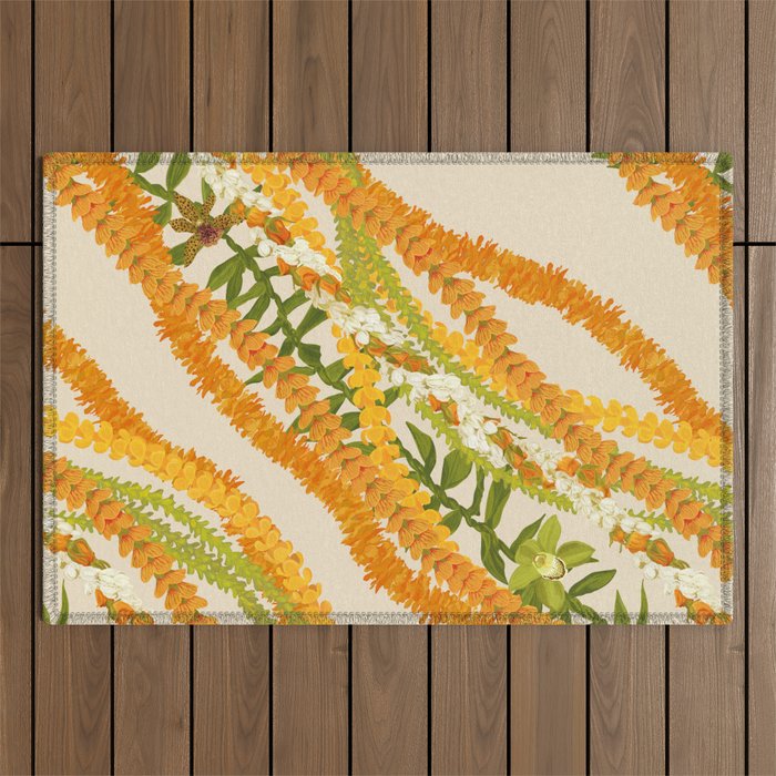 Diagonal Lei Pikake Orange Lokelani Pakalana Puakenikeni tileaf on beige Outdoor Rug Gallery Image 1