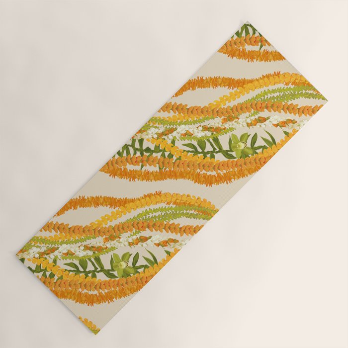 Diagonal Lei Pikake Orange Lokelani Pakalana Puakenikeni tileaf on beige Yoga Mat Gallery Image 1