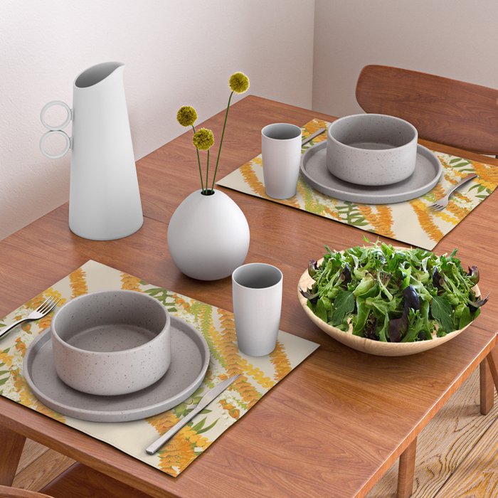 Diagonal Lei Pikake Orange Lokelani Pakalana Puakenikeni tileaf on beige Placemat Gallery Image 2