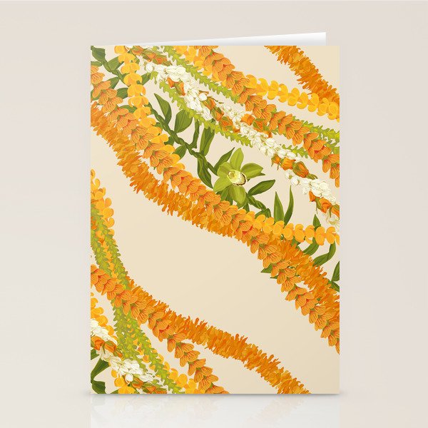 Diagonal Lei Pikake Orange Lokelani Pakalana Puakenikeni tileaf on beige Stationery Card Gallery Image 2