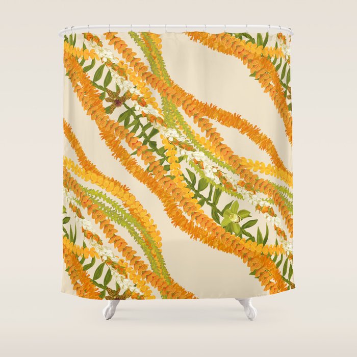 Diagonal Lei Pikake Orange Lokelani Pakalana Puakenikeni tileaf on beige Shower Curtain Gallery Image 1