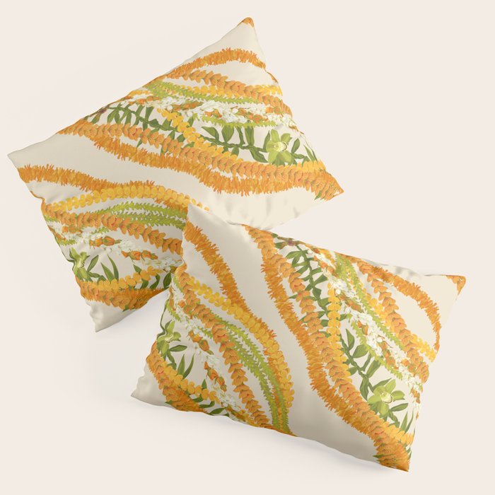Diagonal Lei Pikake Orange Lokelani Pakalana Puakenikeni tileaf on beige Pillow Sham Gallery Image 3
