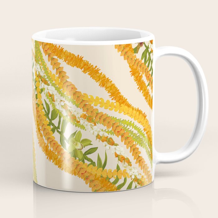 Diagonal Lei Pikake Orange Lokelani Pakalana Puakenikeni tileaf on beige Coffee Mug Gallery Image 1