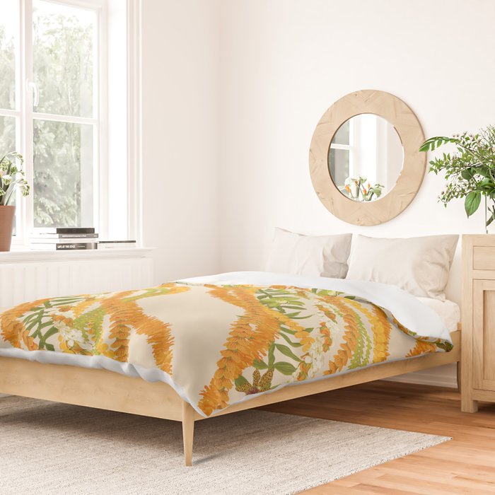Diagonal Lei Pikake Orange Lokelani Pakalana Puakenikeni tileaf on beige Duvet Cover Gallery Image 2