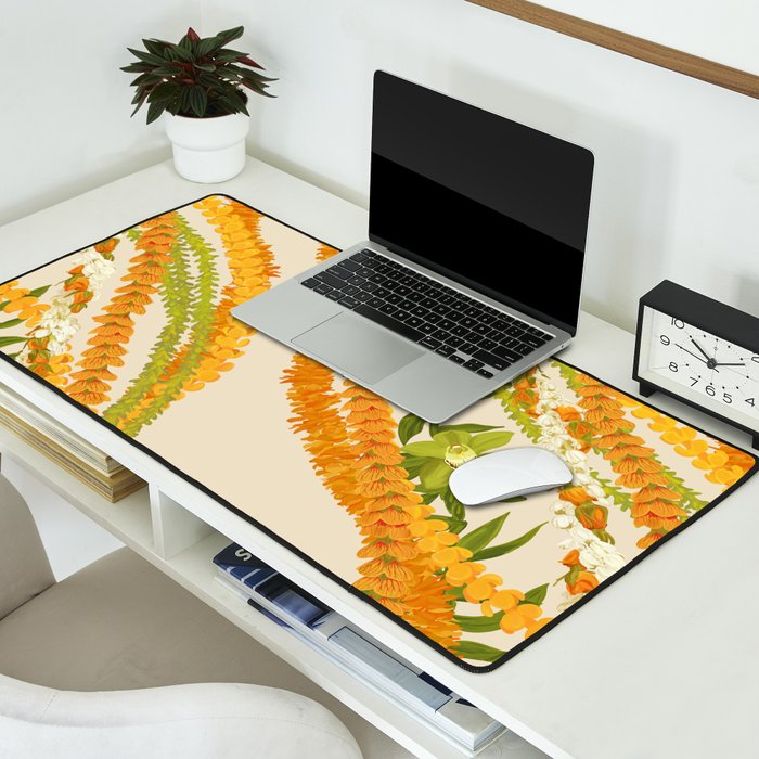 Diagonal Lei Pikake Orange Lokelani Pakalana Puakenikeni tileaf on beige Desk Mat Gallery Image 2