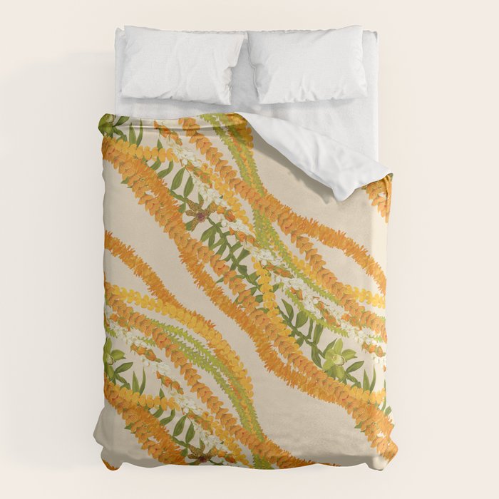 Diagonal Lei Pikake Orange Lokelani Pakalana Puakenikeni tileaf on beige Duvet Cover Gallery Image 1
