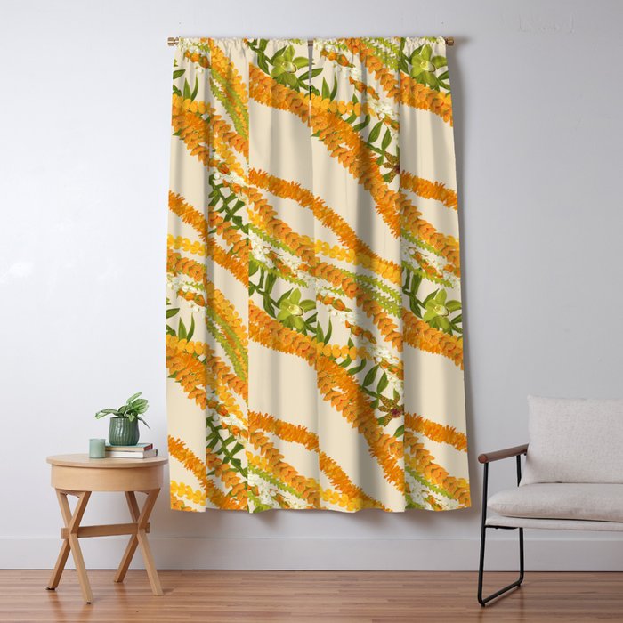 Diagonal Lei Pikake Orange Lokelani Pakalana Puakenikeni tileaf on beige Window Curtain Gallery Image 1