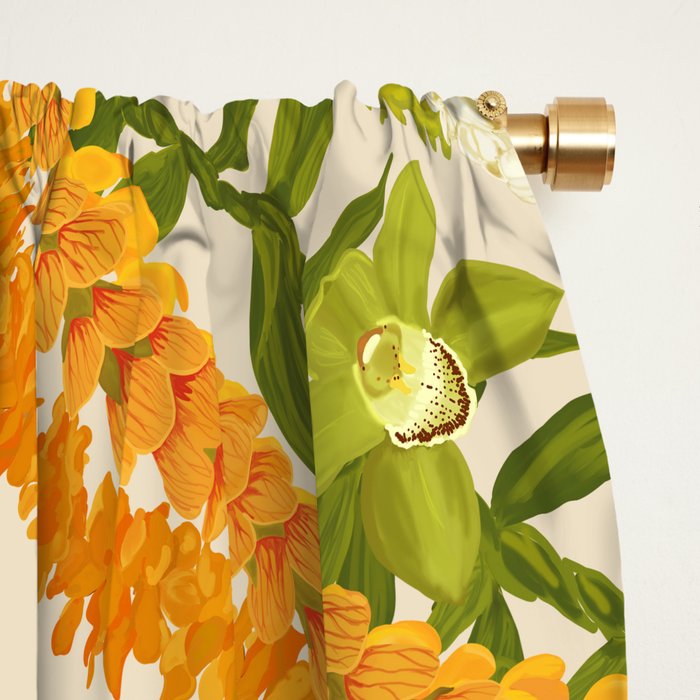 Diagonal Lei Pikake Orange Lokelani Pakalana Puakenikeni tileaf on beige Window Curtain Gallery Image 2
