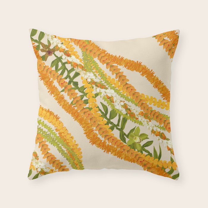 Diagonal Lei Pikake Orange Lokelani Pakalana Puakenikeni tileaf on beige Throw Pillow Gallery Image 6