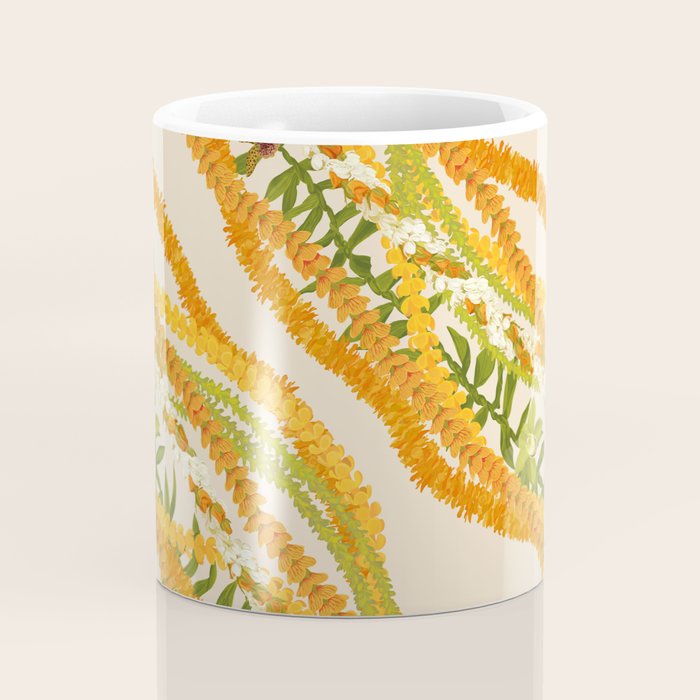 Diagonal Lei Pikake Orange Lokelani Pakalana Puakenikeni tileaf on beige Coffee Mug Gallery Image 4